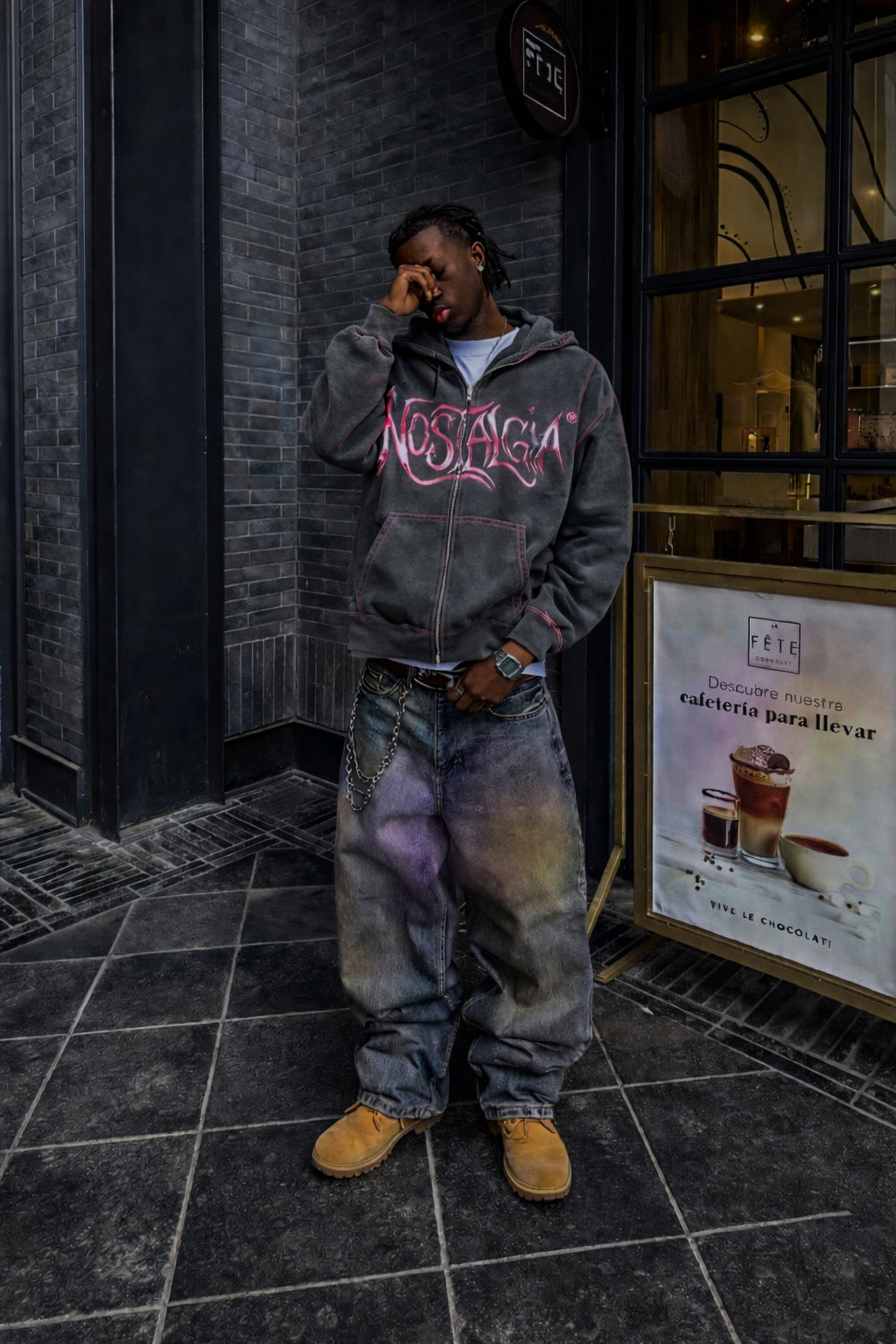 ‘wolf grey’ hoodie w/ pink stitching.