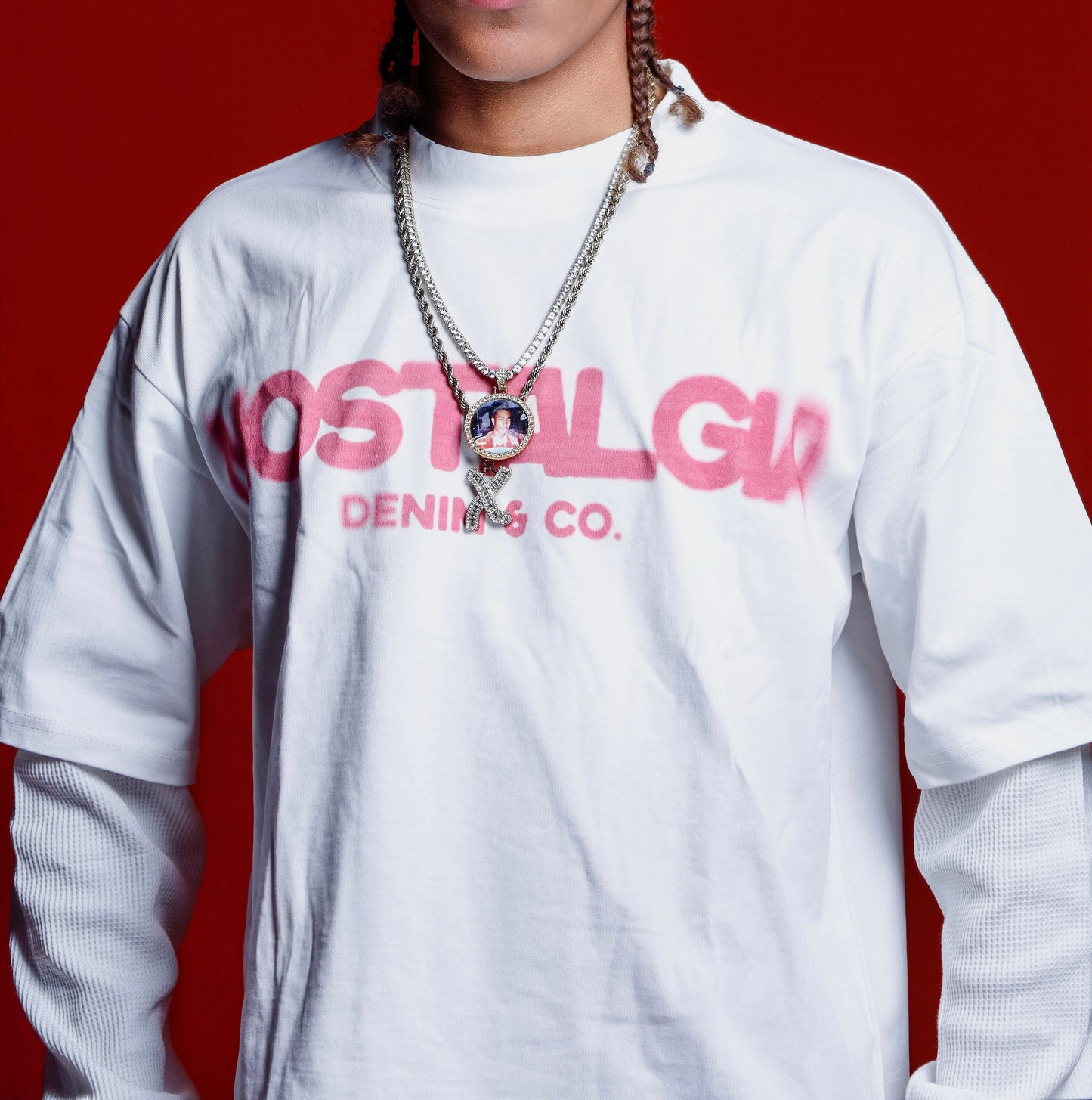 'pink nostalgia' white tee w/ thermal sleeves