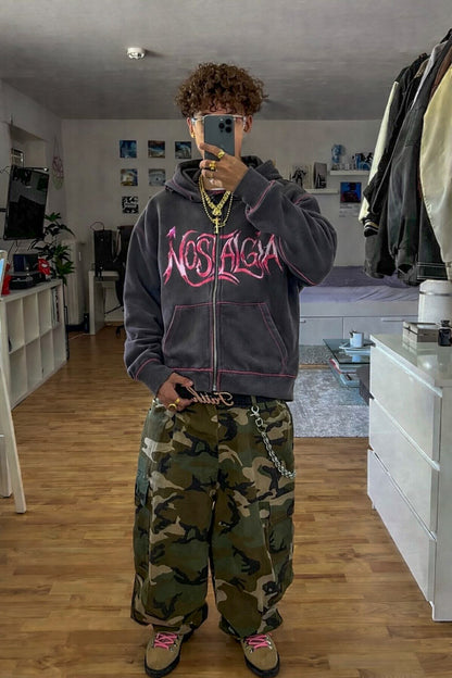 ‘wolf grey’ hoodie w/ pink stitching.