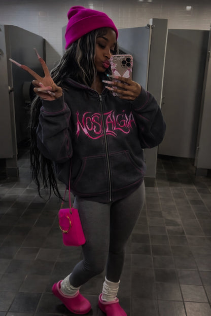 ‘wolf grey’ hoodie w/ pink stitching.