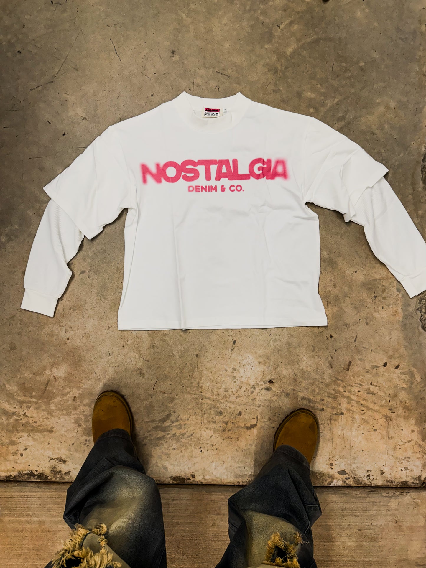 'pink nostalgia' white tee w/ thermal sleeves