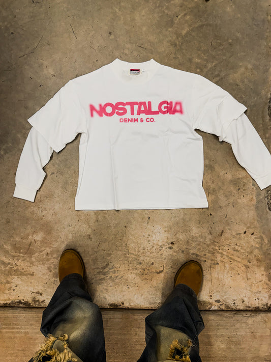 'pink nostalgia' white tee w/ thermal sleeves