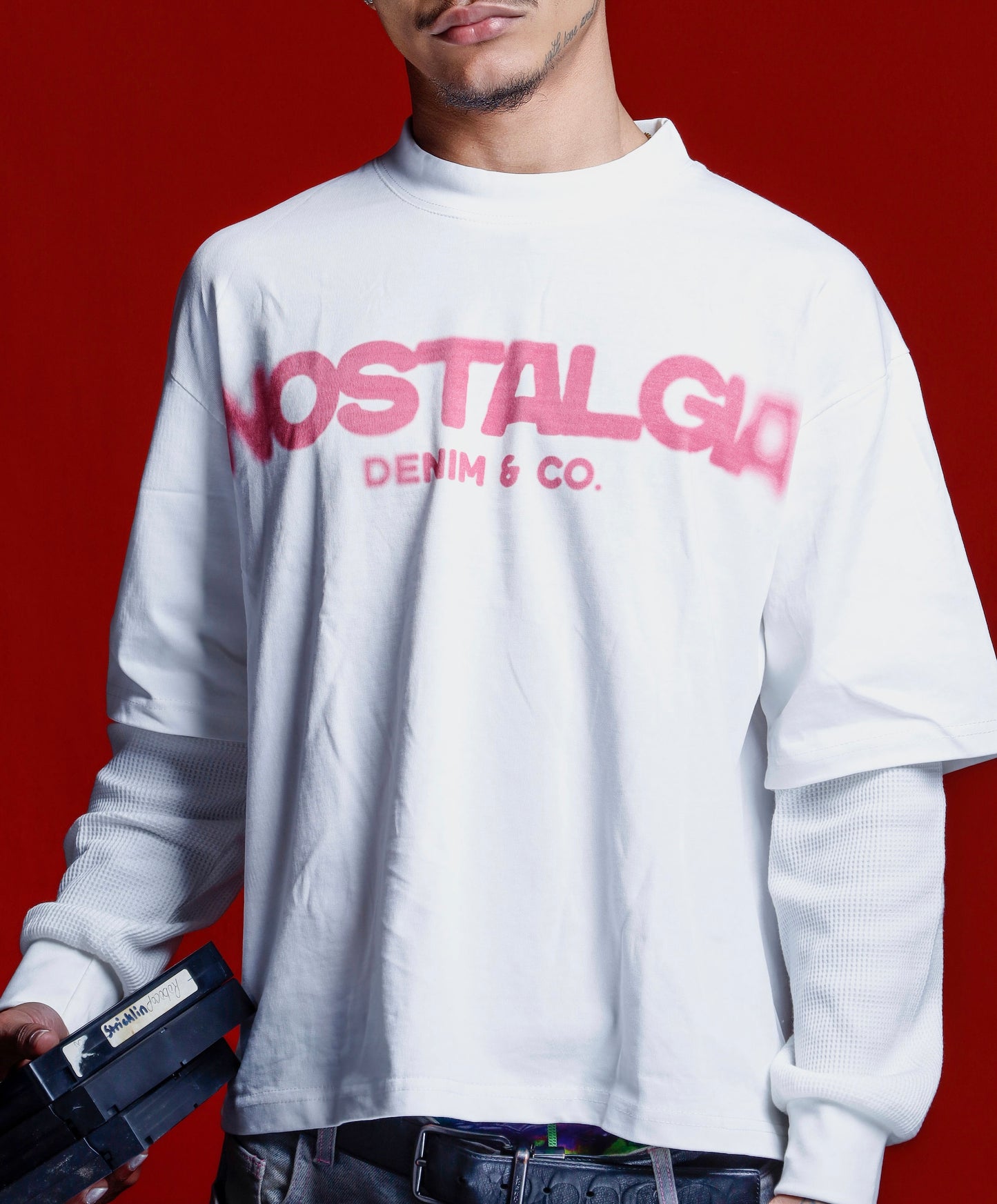 'pink nostalgia' white tee w/ thermal sleeves