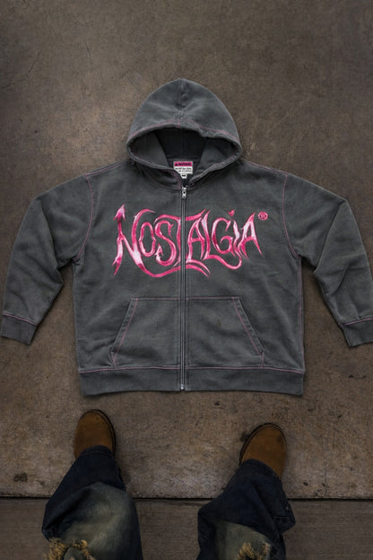 ‘wolf grey’ hoodie w/ pink stitching.